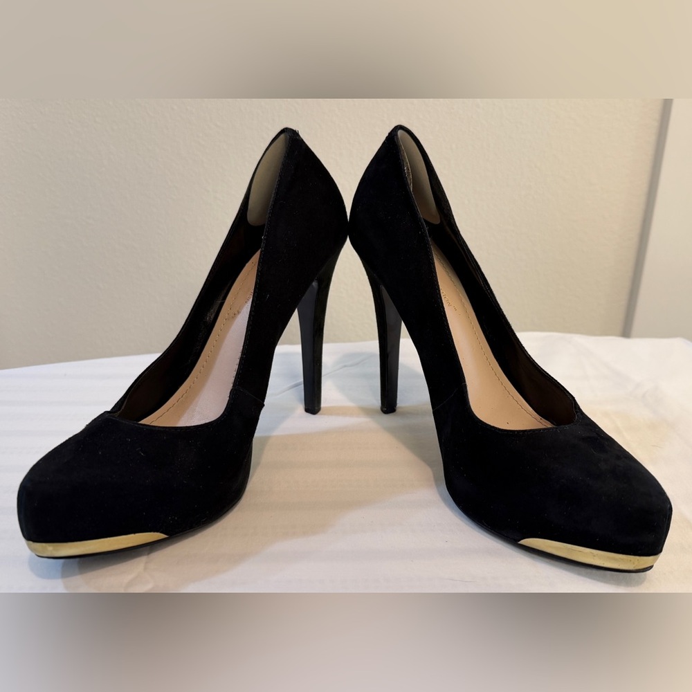 BCBG Generation - Classic Black Women's Suede Pumps with Gold Toe Plate